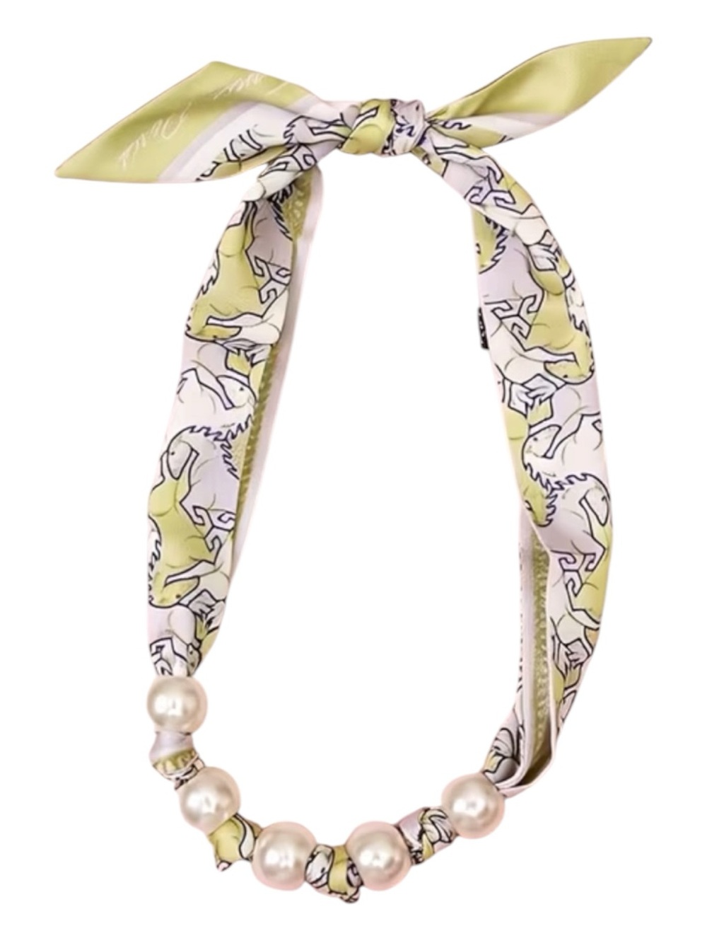 Yellow Horse Print Fabric Scarf Necklace with Pearls - Picture 2 of 2